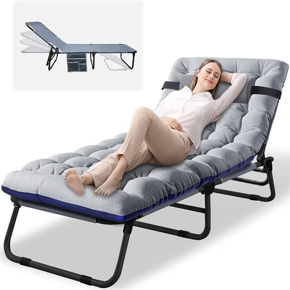 ABORON Camping Cots for Adults, Folding Guest Bed Cot, 4- Position Adjustment Folding Chaise Lounge Chair, Folding Bed with 2-Sides Cotton Mattress & Pillow