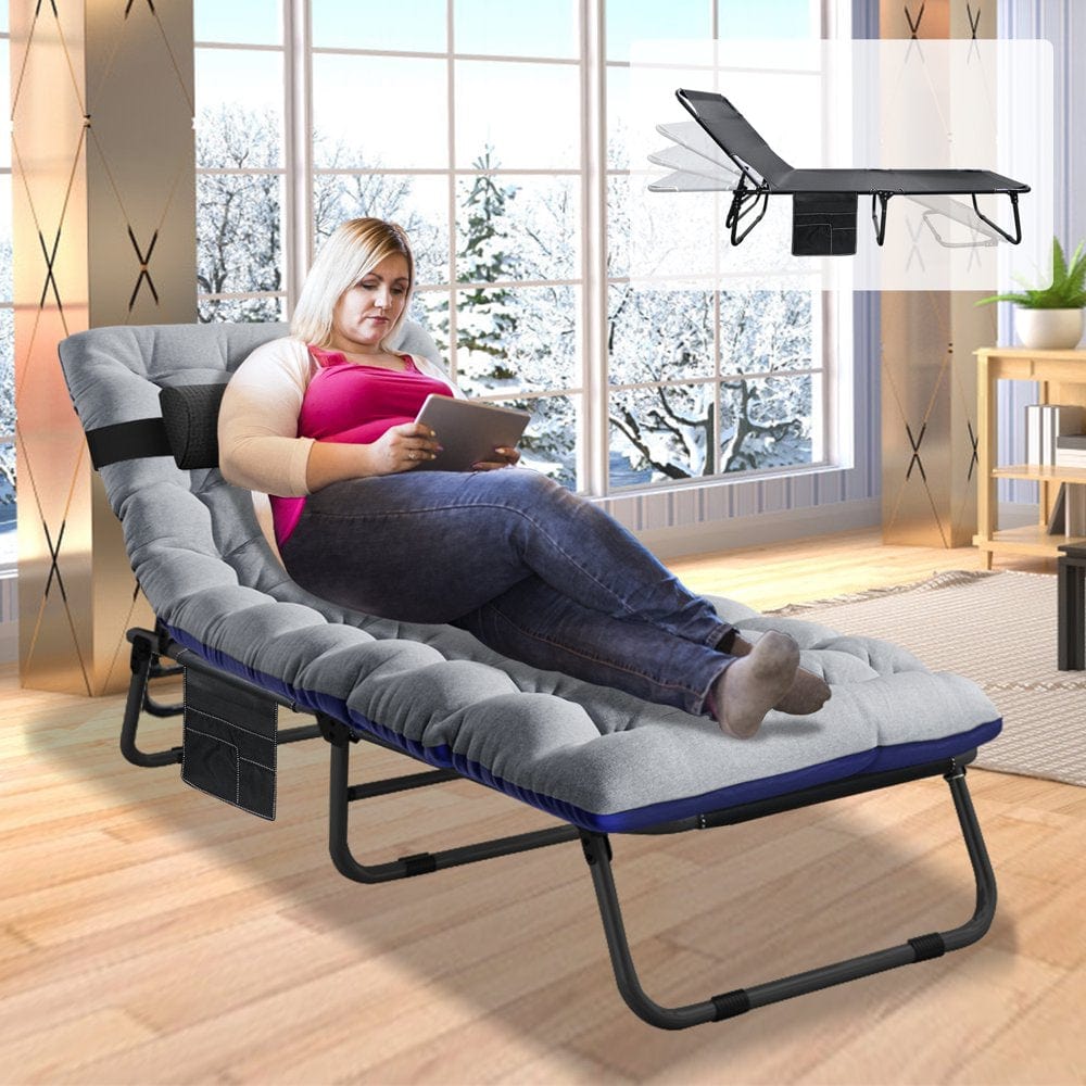 ABORON Folding Guest Bed,Adjustable 4-Position,Folding Lounge Chair,Folding Bed Cot with 2-Sided Soft Removeable Pad & Side Pocket