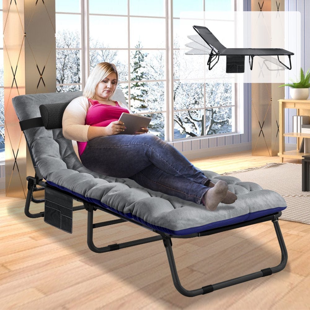 ABORON Folding Guest Bed,Adjustable 4-Position,Folding Lounge Chair,Folding Bed Cot with 2-Sided Soft Removeable Pad & Side Pocket