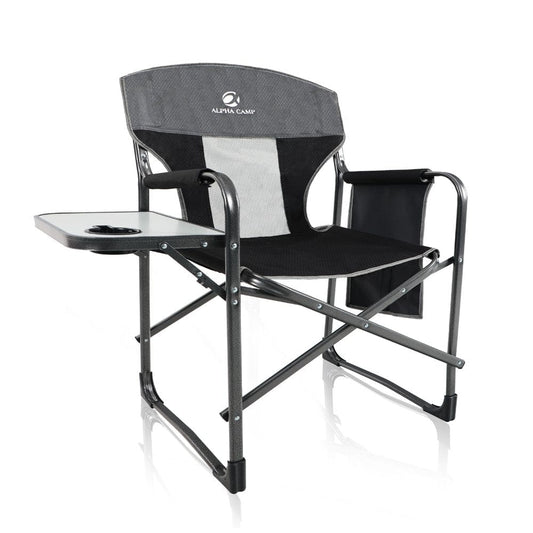 Alpha Camp Oversized Director Chair Portable Folding Camping Chair Heavy-Duty Steel Frame Tailgating Chair with Side Table & Pocket, Gray&Black
