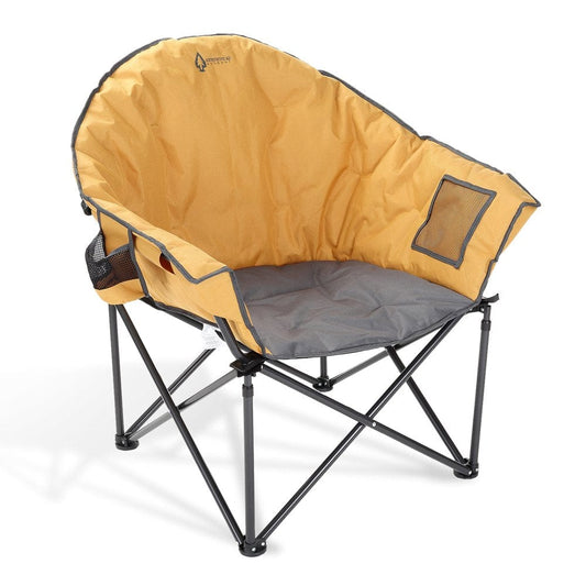 ARROWHEAD OUTDOOR Oversized Heavy-Duty Club Folding Camping Chair W/ External Pocket, Cup Holder, Portable, Padded, Moon, Round, Saucer, Supports 330Lbs, Carrying Bag, Usa-Based Support (Tan)