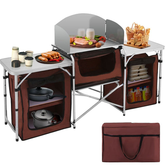 Vevorbrand Camping Kitchen Station, 3 Storage Camping Kitchen Table, Aluminum Windscreen with 2 Side Tables for BBQ Picnic Fishing Party Use, Brown