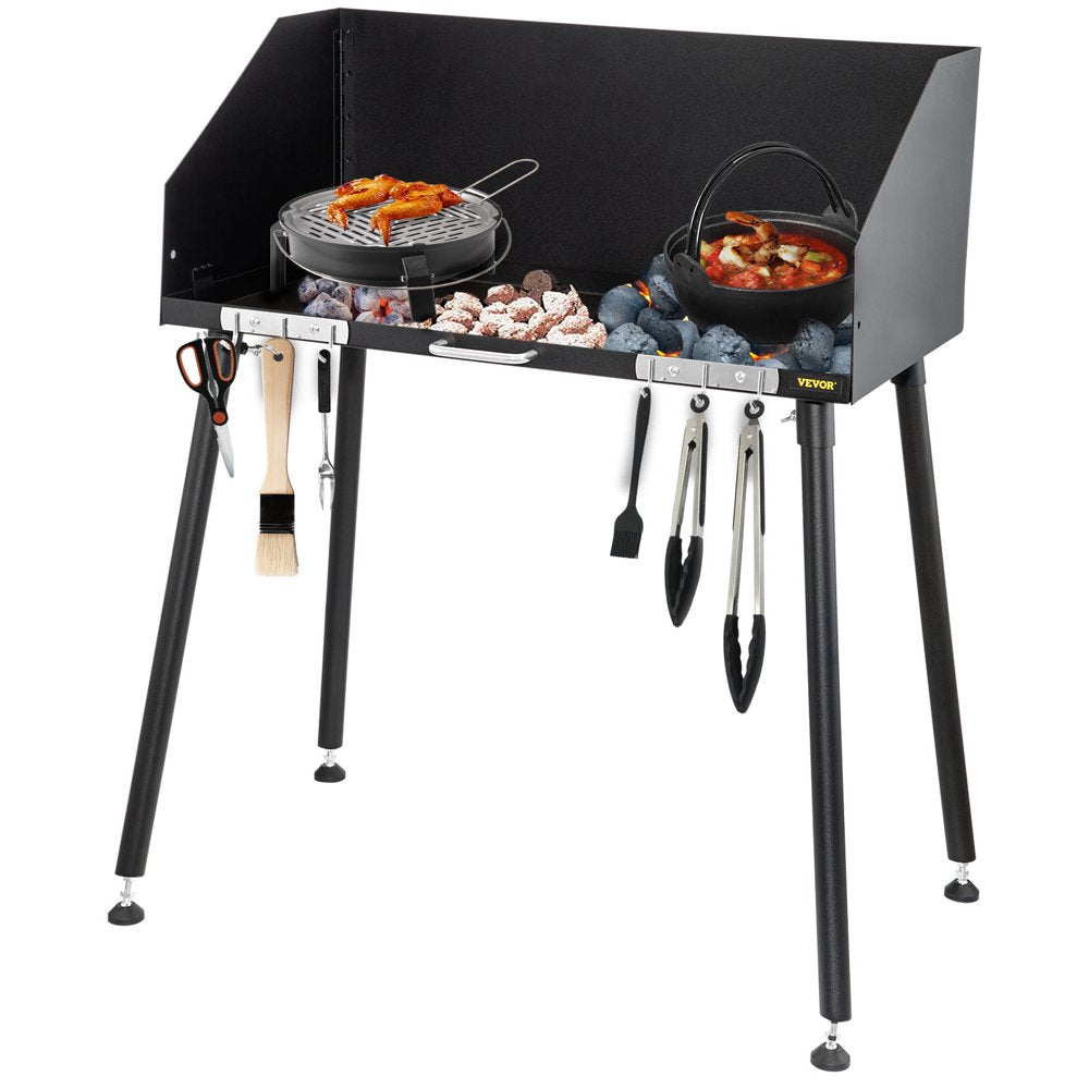 VEVOR Carbon Steel Camp Cooking Table 38 X 16 Inch with Three-Sided Windscreen and Legs for Outdoor Food Preparation and Dutch Oven