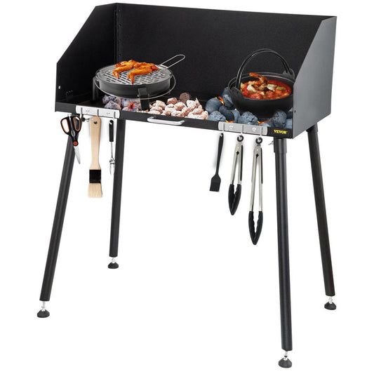VEVOR Carbon Steel Camp Cooking Table 38 X 16 Inch with Three-Sided Windscreen and Legs for Outdoor Food Preparation and Dutch Oven