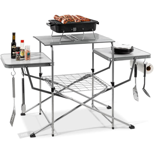 Best Choice Products Portable Folding Grill Table, Outdoor Food Prep Station for Camping W/ Carrying Case, 4 Hooks