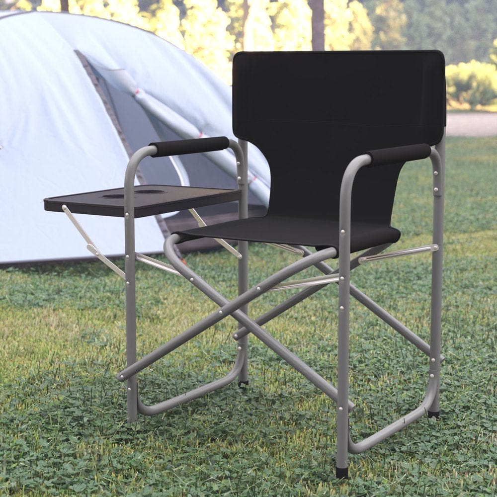 Bizchair Folding Gray Director'S Camping Chair with Side Table and Cup Holder - Portable Indoor/Outdoor Steel Framed Sports Chair