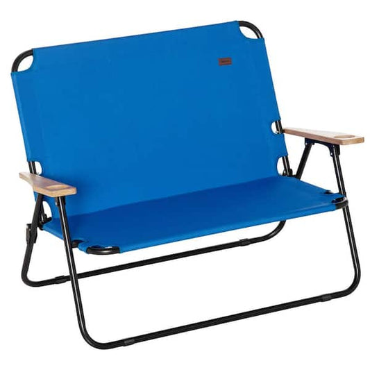 Folding Camping Chair with Wooden Armrests 2 People Seat, Blue