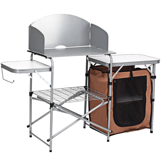 Costway Foldable Camping Table Outdoor BBQ Portable Grilling Stand W/Windscreen Bag