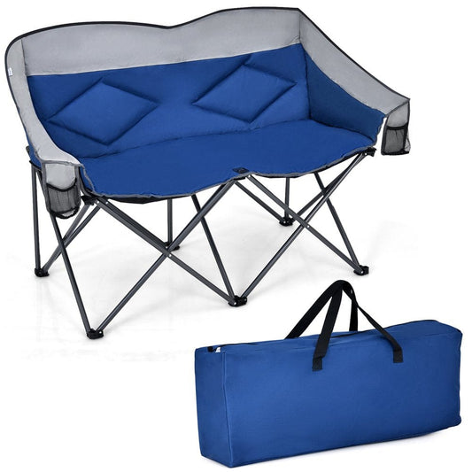 Costway Folding Camping Chair Loveseat Double Seat W/ Bags & Padded Backrest Blue