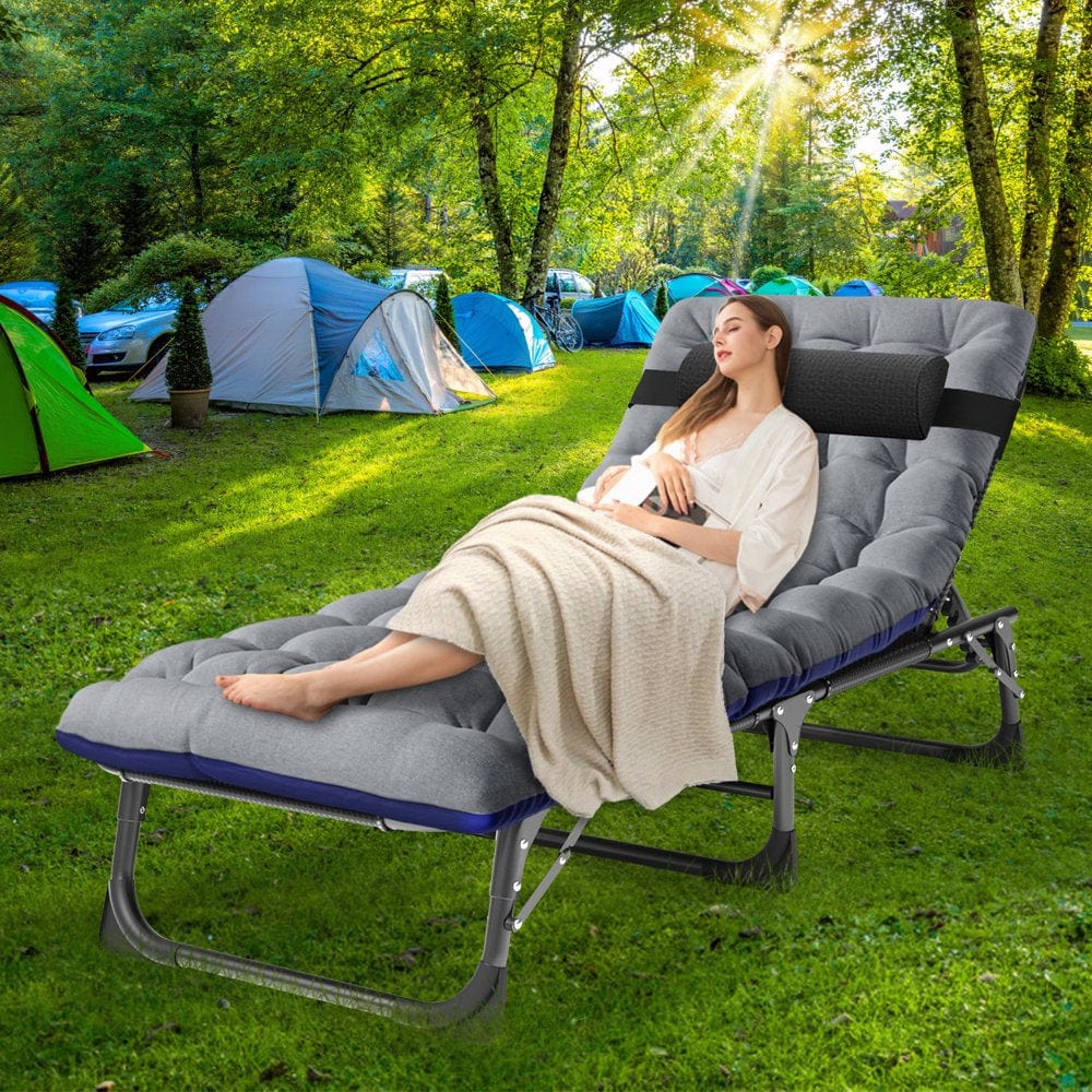 Docred Folding Camping Cot, Adjustable 4-Position Adults Reclining Folding Chaise with Pillow, Outdoor Portable Folding Lounge Chair Sleeping Cots Bed, Perfect for Camping, Pool, Beach, Patio