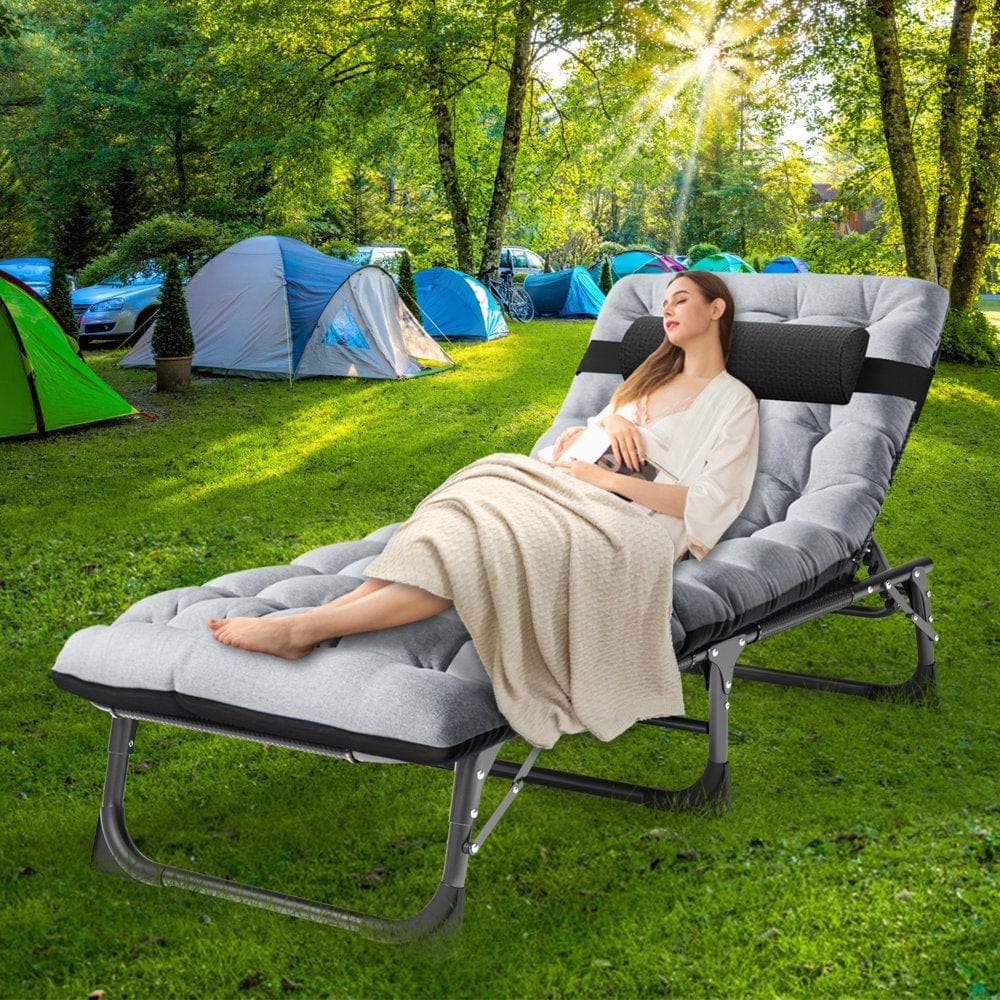Docred Folding Camping Cot, Adjustable 4-Position Adults Reclining Folding Chaise with Pillow, Outdoor Portable Folding Lounge Chair Sleeping Cots Bed, Perfect for Camping, Pool, Beach, Patio