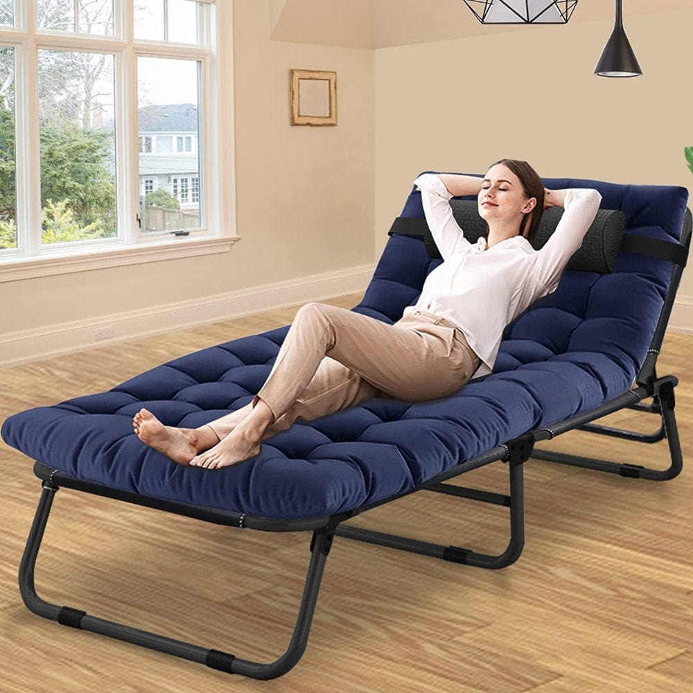 Docred Folding Camping Cot, Adjustable 4-Position Adults Reclining Folding Chaise with Pillow, Outdoor Portable Folding Lounge Chair Sleeping Cots Bed, Perfect for Camping, Pool, Beach, Patio