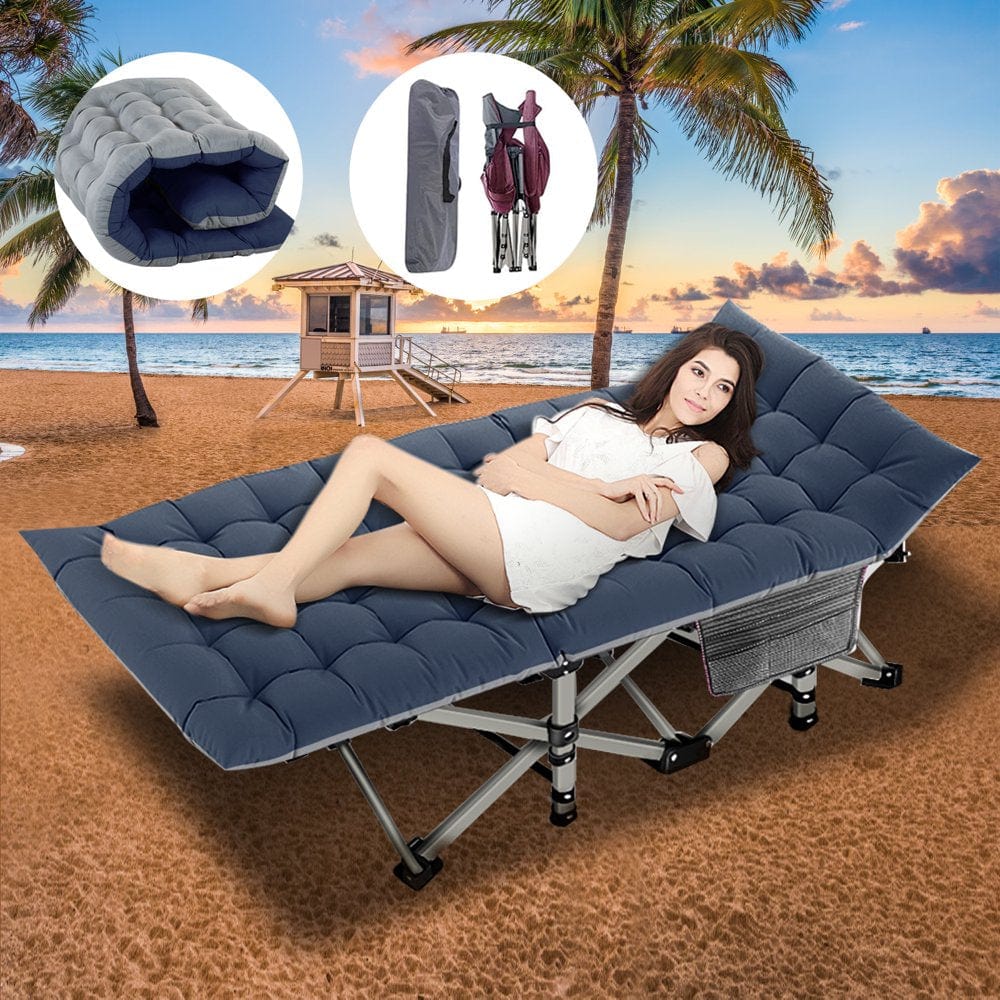 Docred Folding Camping Cot, Adjustable 4-Position Adults Reclining Folding Chaise with Pillow, Outdoor Portable Folding Lounge Chair Sleeping Cots Bed, Perfect for Camping, Pool, Beach, Patio