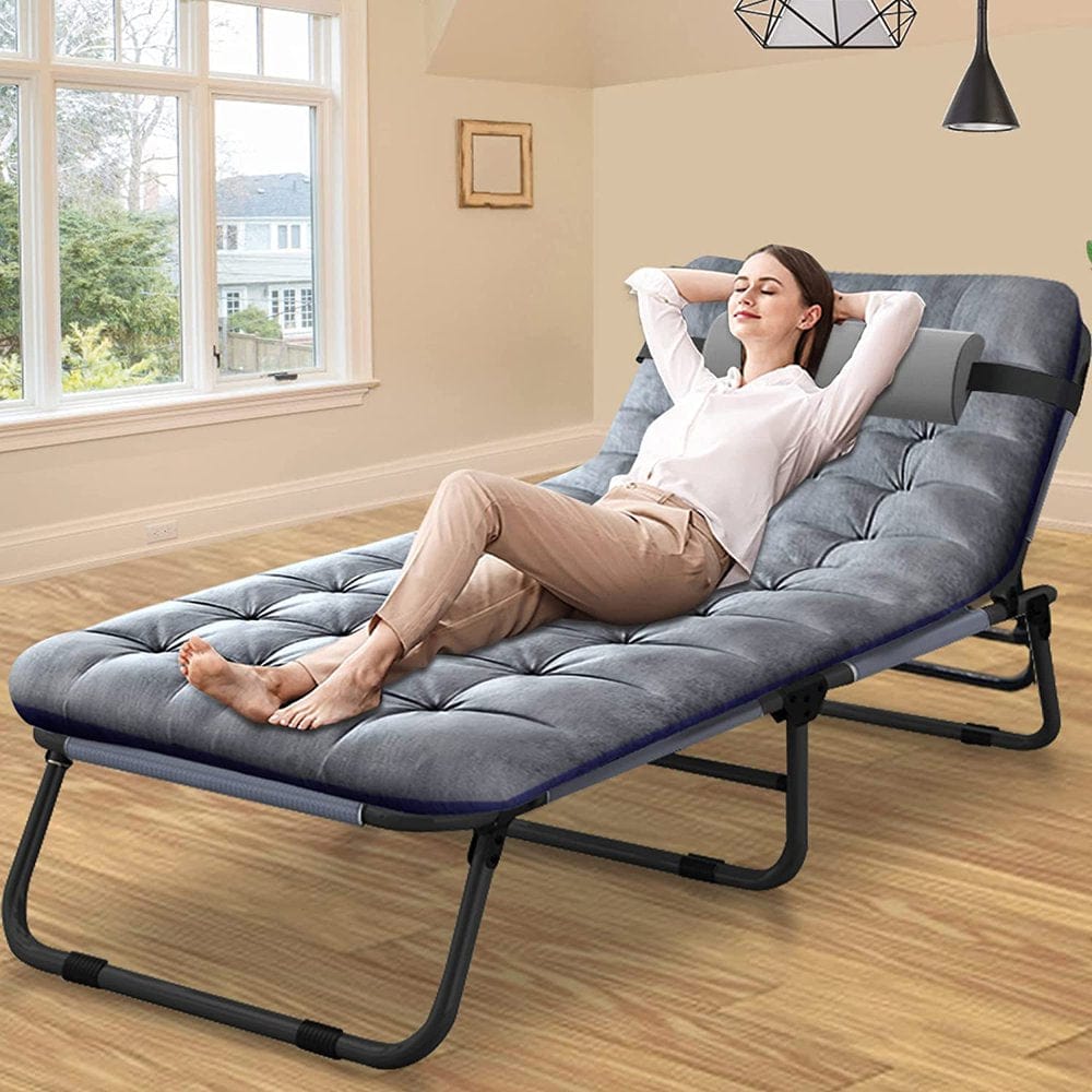 Docred Folding Camping Cot, Adjustable 4-Position Adults Reclining Folding Chaise with Pillow, Outdoor Portable Folding Lounge Chair Sleeping Cots Bed, Perfect for Camping, Pool, Beach, Patio