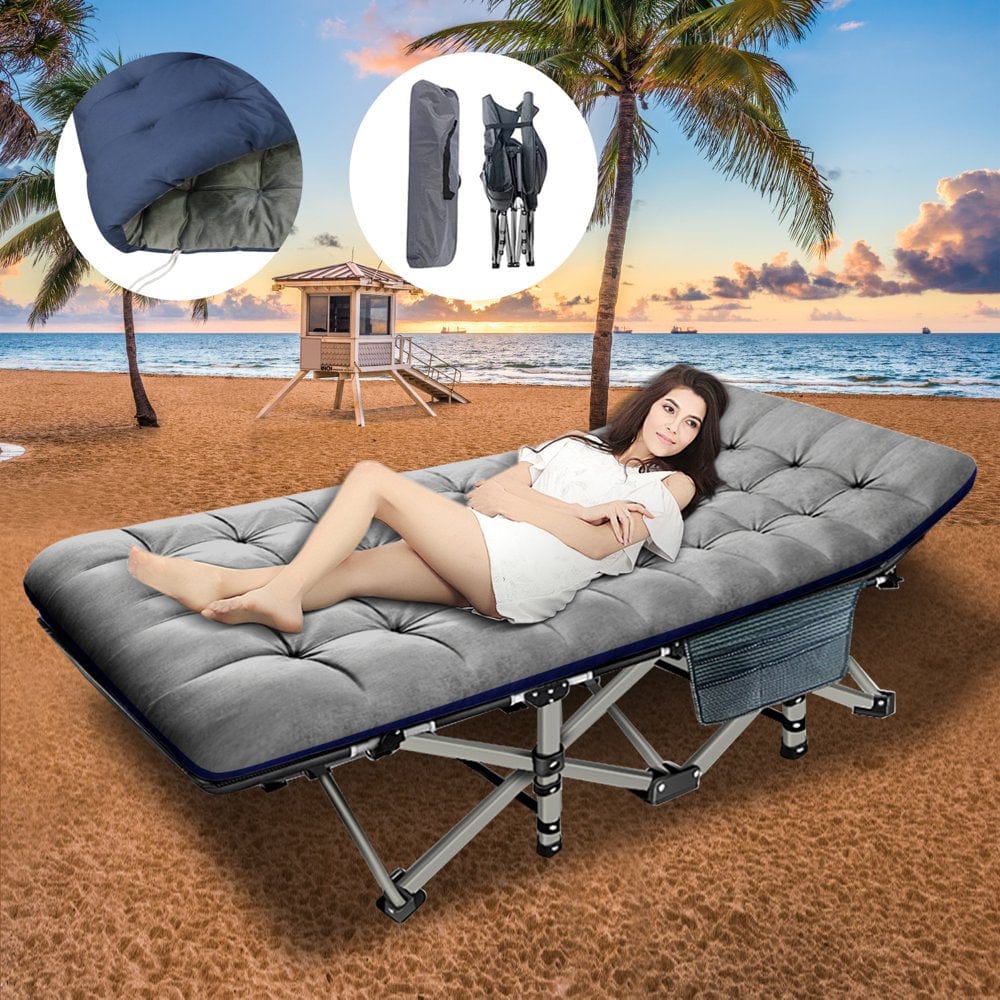 Docred Folding Camping Cot, Adjustable 4-Position Adults Reclining Folding Chaise with Pillow, Outdoor Portable Folding Lounge Chair Sleeping Cots Bed, Perfect for Camping, Pool, Beach, Patio
