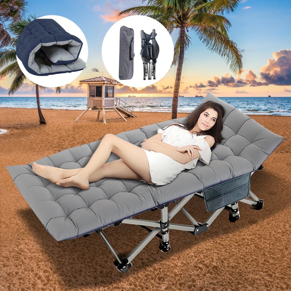 Docred Folding Camping Cot, Adjustable 4-Position Adults Reclining Folding Chaise with Pillow, Outdoor Portable Folding Lounge Chair Sleeping Cots Bed, Perfect for Camping, Pool, Beach, Patio
