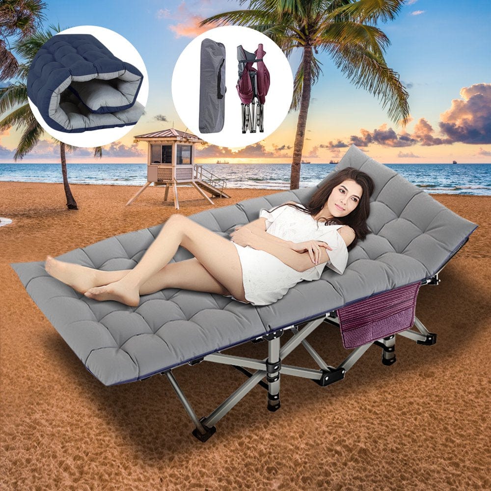 Docred Folding Camping Cot, Adjustable 4-Position Adults Reclining Folding Chaise with Pillow, Outdoor Portable Folding Lounge Chair Sleeping Cots Bed, Perfect for Camping, Pool, Beach, Patio