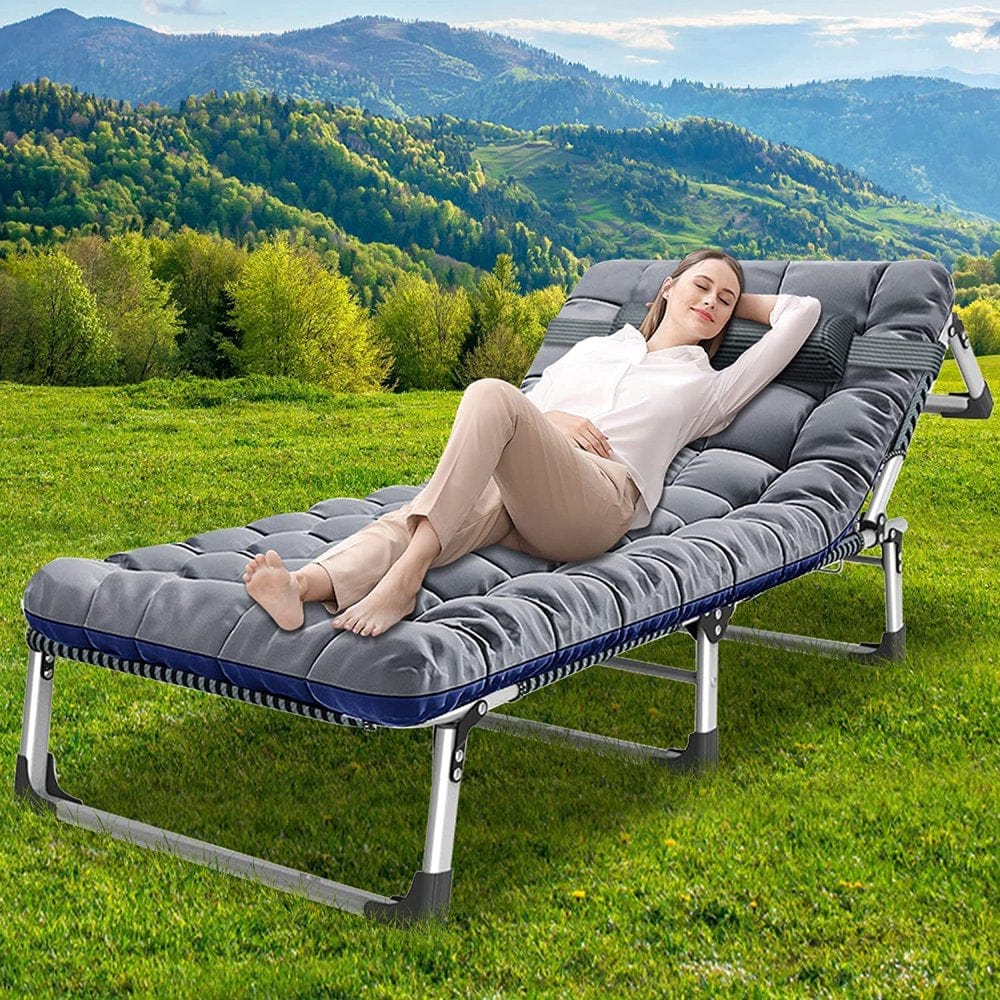 Docred Folding Camping Cot, Adjustable 4-Position Adults Reclining Folding Chaise with Pillow, Outdoor Portable Folding Lounge Chair Sleeping Cots Bed, Perfect for Camping, Pool, Beach, Patio
