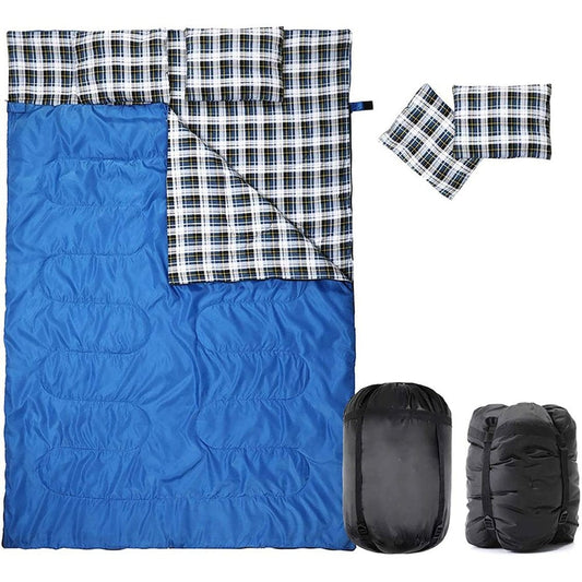 Double Sleeping Bag Cotton Flannel, Waterproof Outdoor Backing Sleeping Bag with 2 Pillow and Compression Bag, Camping Envelope Sleeping Bag for Adults & Kids Camping Gear Equipment, Traveling
