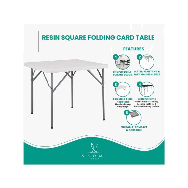Folding Table Resin Square Folding Card Table Multipurpose Foldable Table Plastic Table Collapsible Portable Tables Square Fold up Table for Indoor Kitchen Dining Room Outdoor Camping Picnic - White