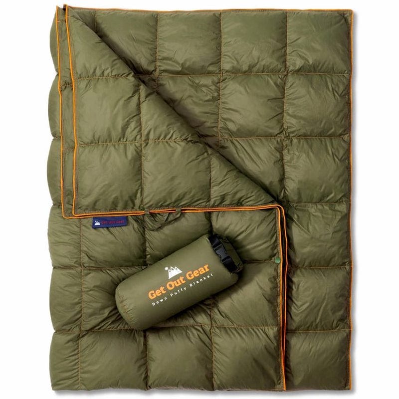 Get Out Gear down Camping Blanket - Puffy, Packable, Lightweight and Warm | Ideal for Outdoors, Travel, Stadium, Festivals, Beach, Hammock | 650 Fill Power Water-Resistant Backpacking Quilt (Olive)