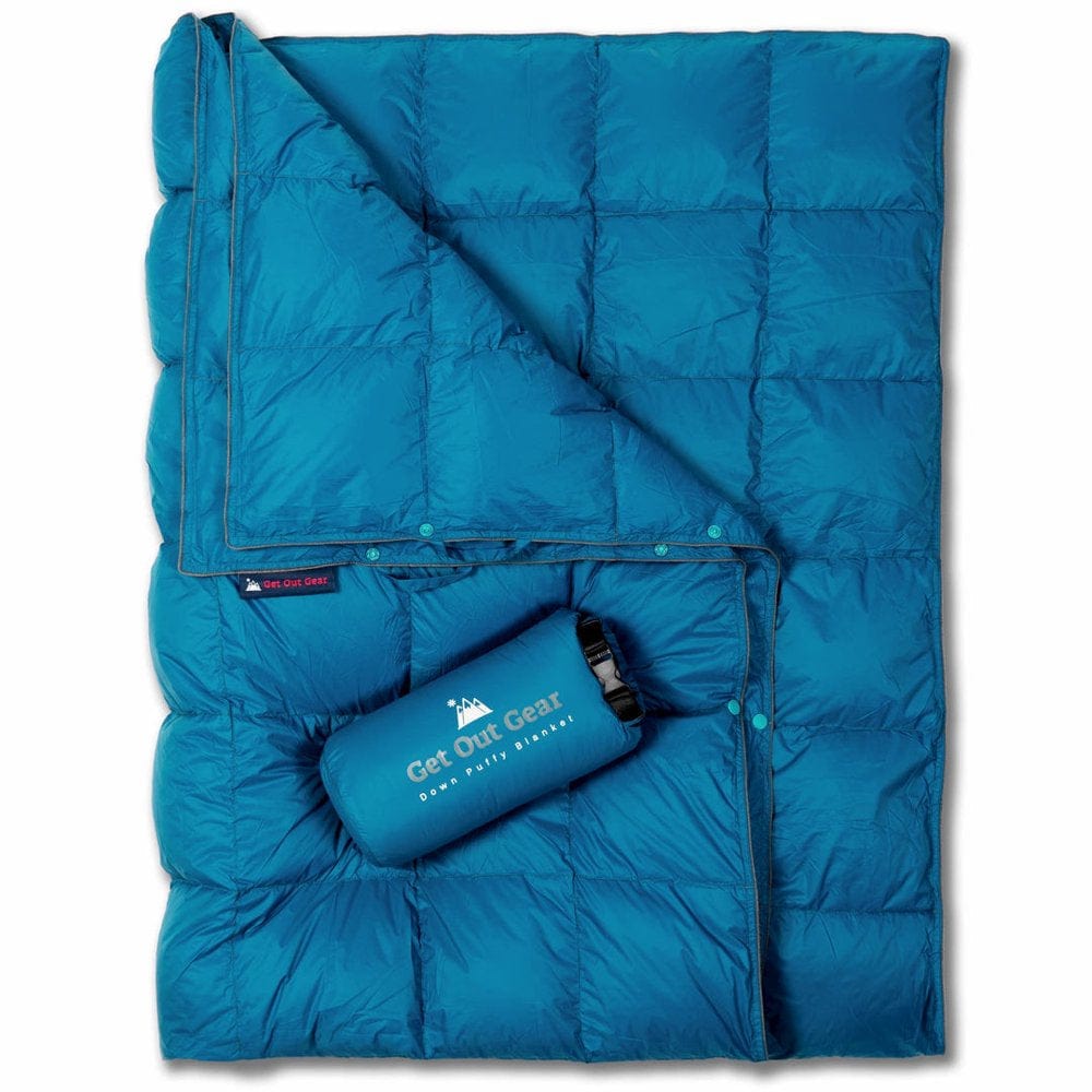 Get Out Gear down Camping Blanket - Puffy, Packable, Lightweight and Warm | Ideal for Outdoors, Travel, Stadium, Festivals, Beach, Hammock | 650 Fill Power Water-Resistant Backpacking Quilt (Olive)