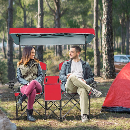 Goplus Portable Folding Camping Canopy Chairs W/ Cup Holder Cooler Outdoor Red