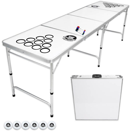 Gopong 8' Custom Dry Erase Portable Folding Beer Pong Table for Indoor Outdoor Party Drinking Games, 6 Balls Included, White