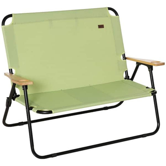 Double Camping Folding Chair with Wooden Armrests, Green