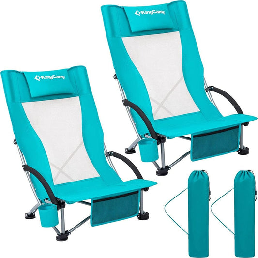 Kingcamp Backpack Beach Camping Folding Chair High Back Portable Lounge Chairs with Cup Holder 2-Piece for Adult Cyan