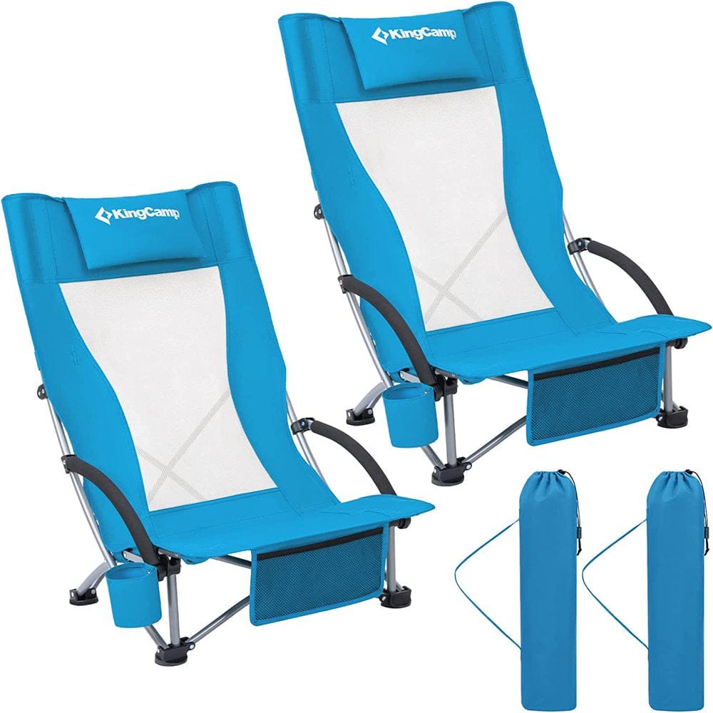 Kingcamp Backpack Beach Camping Folding Chair High Back Portable Lounge Chairs with Cup Holder 2-Piece for Adult Cyan