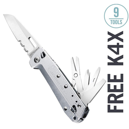 LEATHERMAN, FREE K4 EDC Pocket Multitool with Knife, Magnetic Locking, Aluminum Handles and Pocket Clip, Made in the USA, Silver (K4X with Serrated Blade)