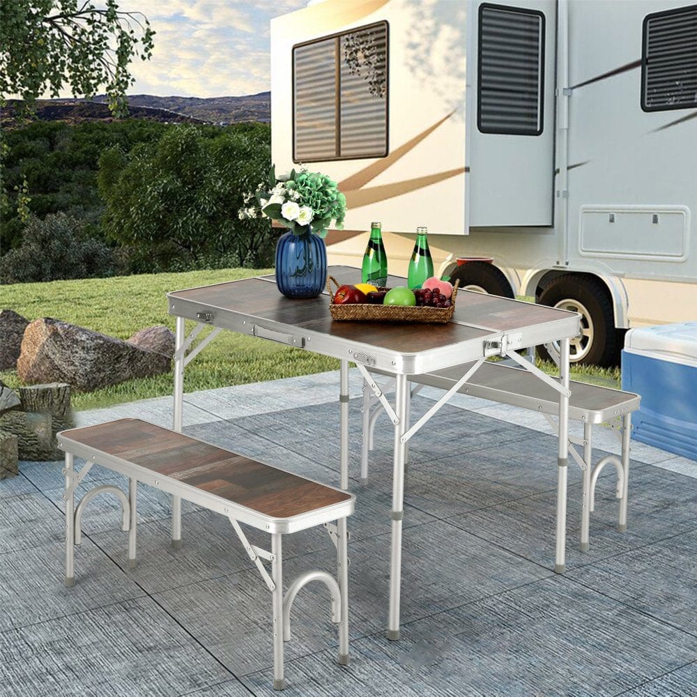 MF Studio 3PCS Camping Table Sets with 2PCS Aluminum Bench Set and 1PC 4Ft Folding Camping Table for Picnic Camping Hiking Suitable for 4 People