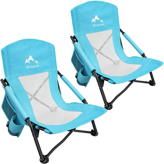 Oileus Beach Chair for Adults, Backpack Beach Chair with Cupholder & Carry Bag & Mesh Back, Ultra Light Folding Beach Chair for Camping, Outdoor, and Travel, Blue, 2 Pack
