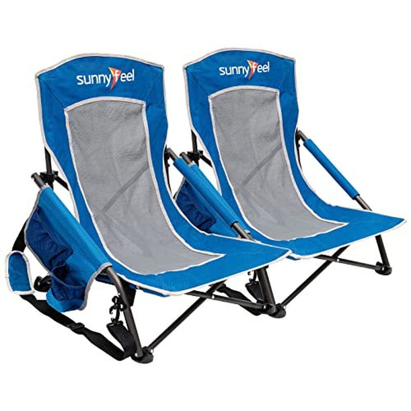 Sunnyfeel 2Pcs Low Beach Camping Folding Chair with Cup Holder,Carry Bag Compact & Heavy Duty for Adults 300 LBS