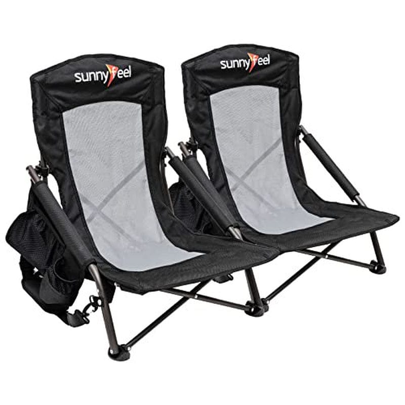 Sunnyfeel 2Pcs Low Beach Camping Folding Chair with Cup Holder,Carry Bag Compact & Heavy Duty for Adults 300 LBS
