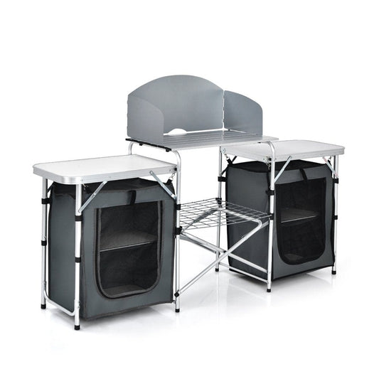 Topbuy Portable Camping Kitchen Table Aluminum Fold-Up Camping Kitchen with Windscreen for BBQ, Picnic, Party Gray