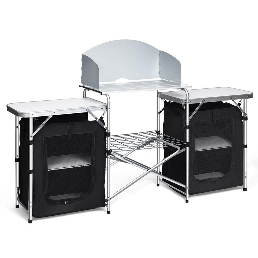 Topbuy Portable Camping Kitchen Table Aluminum Fold-Up Camping Kitchen with Windscreen for BBQ, Picnic, Party Gray