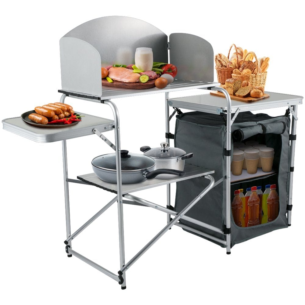 VEVOR Camping Kitchen Station, Aluminum Portable Folding Camp Cook Table with Windshield, Storage Organizer and 4 Adjustable Feet, Quick Installation for Outdoor Picnic Beach Party Cooking, Brown