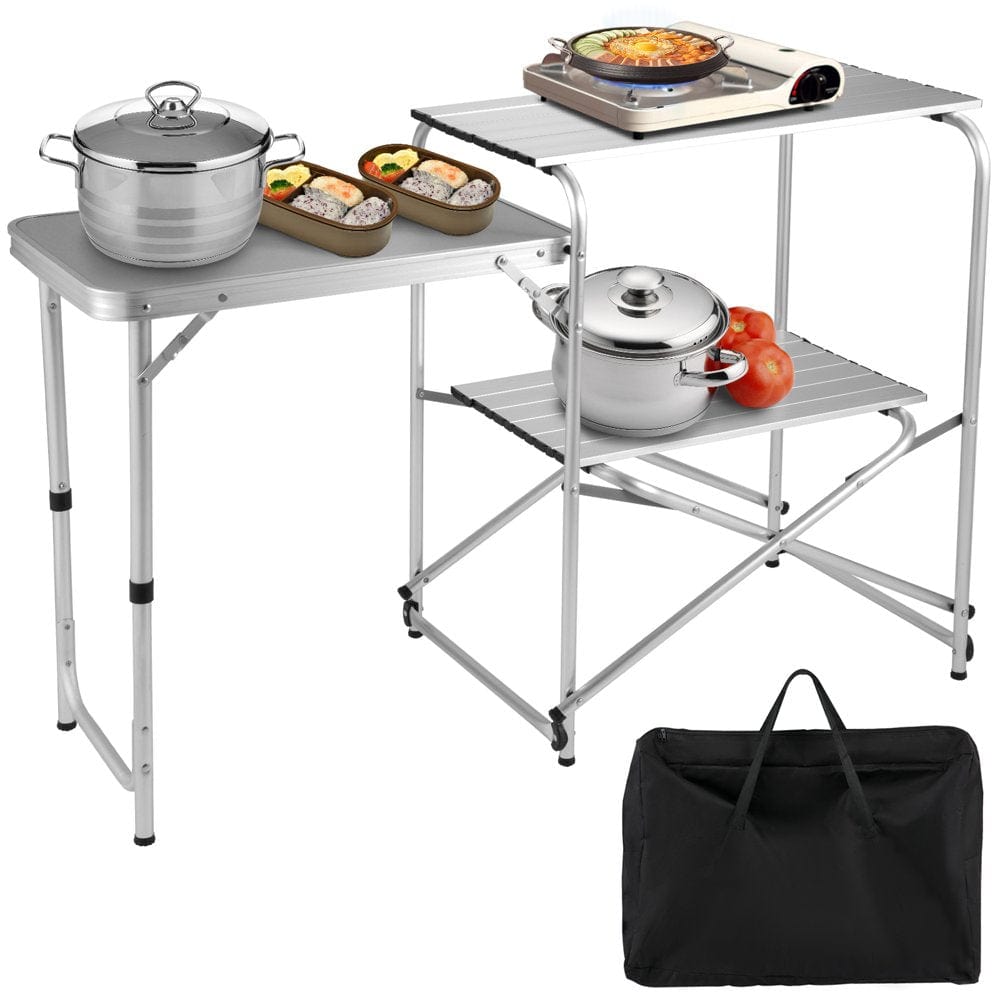 VEVOR Camping Kitchen Station, Foldable Aluminum Camping Kitchen Table with Roll-Up Tabletop and Carrying Bag, Quick Installation for Outdoor BBQ Party Backyards and Tailgating, Silver