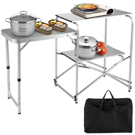 VEVOR Camping Kitchen Station, Foldable Aluminum Camping Kitchen Table with Roll-Up Tabletop and Carrying Bag, Quick Installation for Outdoor BBQ Party Backyards and Tailgating, Silver